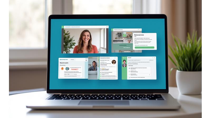 Πλατφόρμα online webinar που δείχνει πολλαπλά διαδραστικά χαρακτηριστικά, όπως chat, ψηφοφορίες και breakout rooms