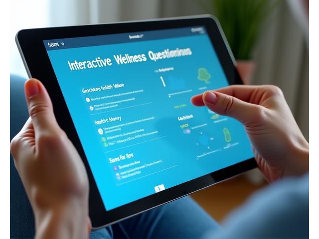 Διαδραστική οθόνη tablet που δείχνει ένα ερωτηματολόγιο ευεξίας με γραφήματα προόδου και επιλογές απάντησης.