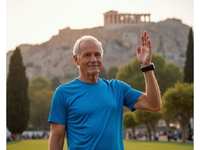Άνδρας μέσης ηλικίας που κάνει yoga σε ένα πάρκο της Αθήνας με φόντο την Ακρόπολη, ενώ φοράει ένα smartwatch.