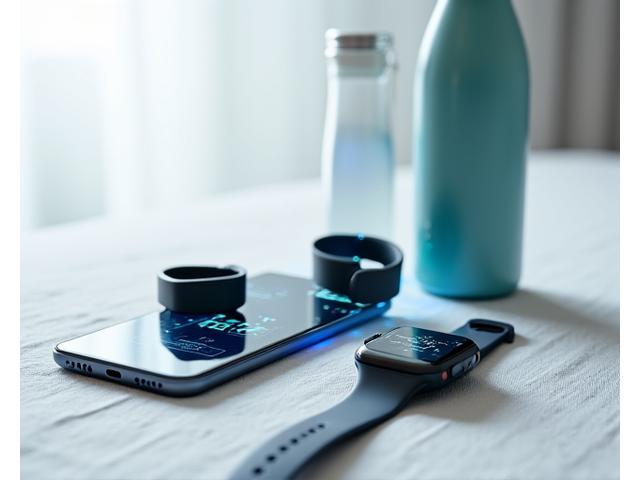 Διάφορες συσκευές wellness – smartwatch, smartphone με εφαρμογή υγείας, tablet – συνδεδεμένες σε ένα ψηφιακό δίκτυο, υποδηλώνοντας ολοκληρωμένη ενοποίηση τεχνολογίας.