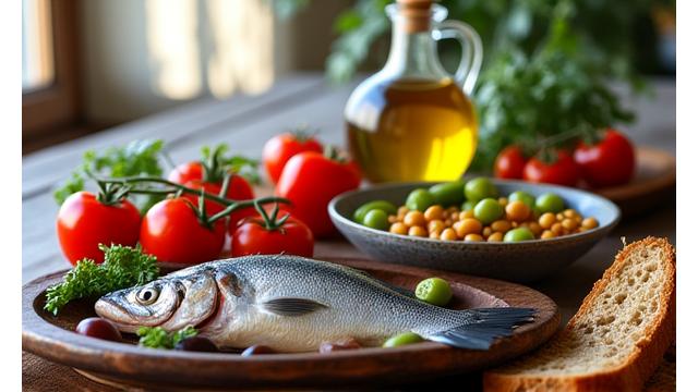 Ένα όμορφα διαμορφωμένο τραπέζι με ελληνικά μεσογειακά φαγητά, όπως ελιές, φρέσκα λαχανικά, ελαιόλαδο και ψάρι, σε ένα φωτεινό, φυσικό περιβάλλον.