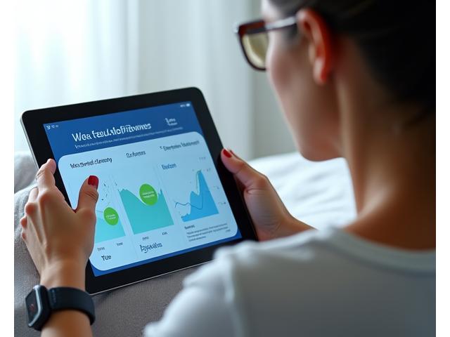 Γυναίκα άνω των 35 ετών χρησιμοποιεί tablet για να καταγράφει δεδομένα ύπνου, με γραφήματα και στατιστικά στοιχεία να εμφανίζονται στην οθόνη. Φόντο ένα ήρεμο υπνοδωμάτιο.