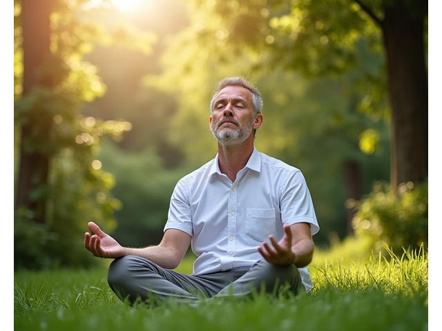 Άντρας άνω των 35 ετών εκτελεί διαλογισμό mindfulness σε ήσυχο, φυσικό περιβάλλον, με κλειστά μάτια και γαλήνια έκφραση. Φόντο πράσινο της φύσης.